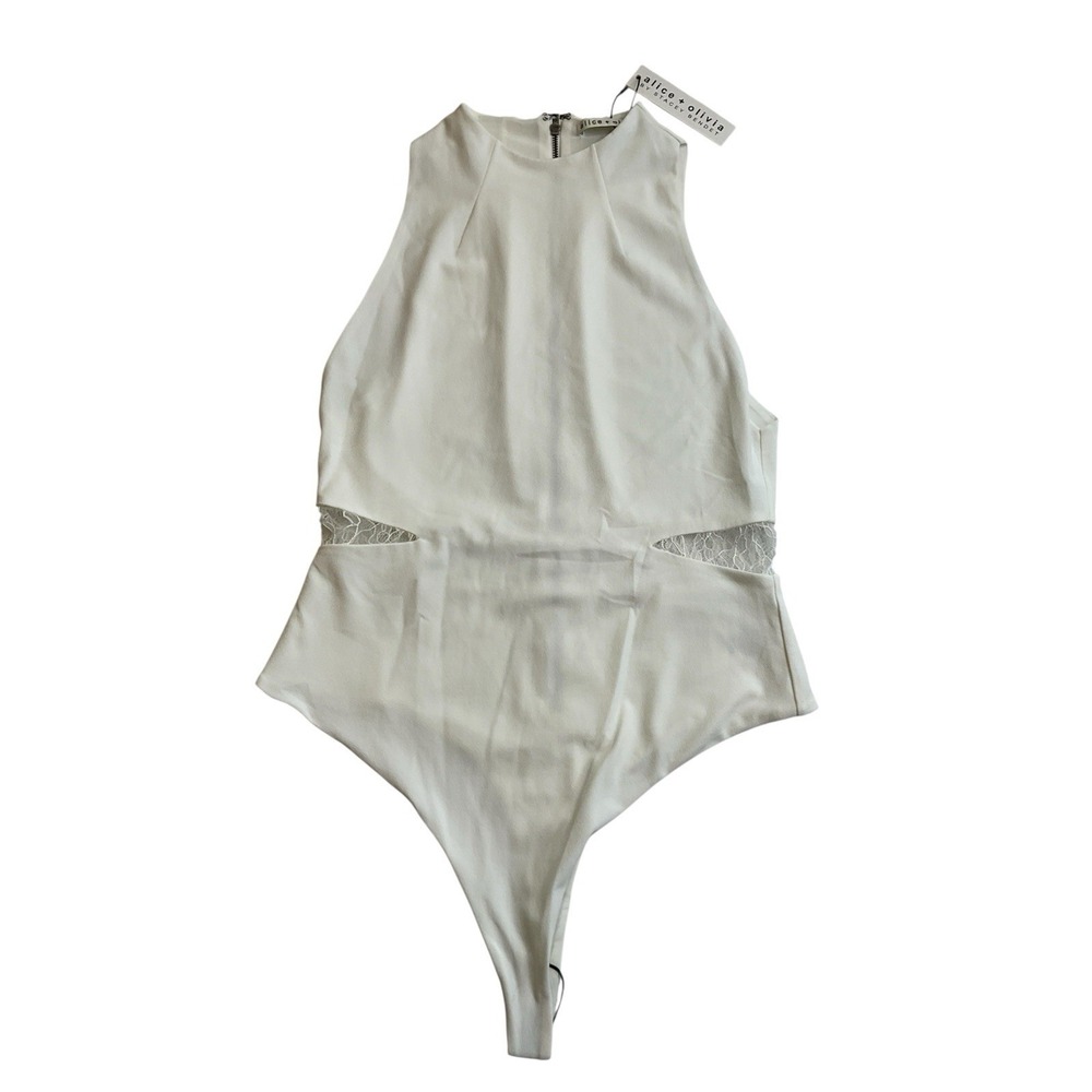 Alice + Olivia Bodysuit Ivory Lace Cutouts Stretch Thong Size Large Glam Bodycon
